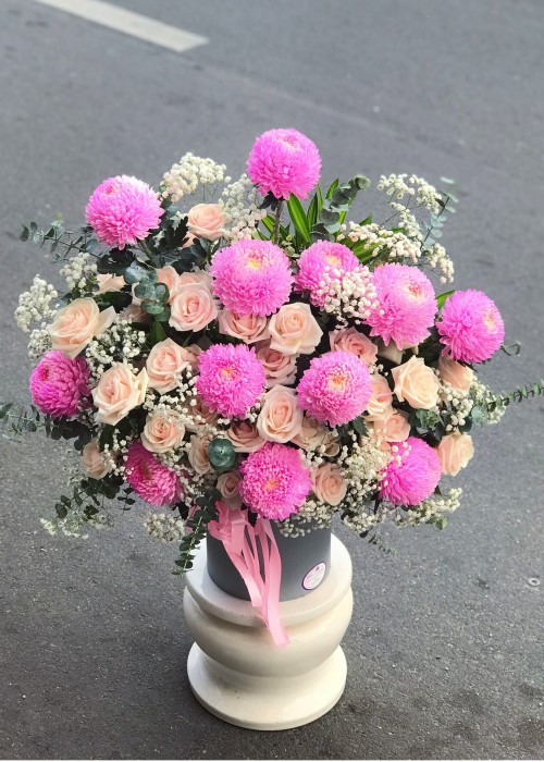 Cúc mẫu đơn hồng và hoa hồng kem