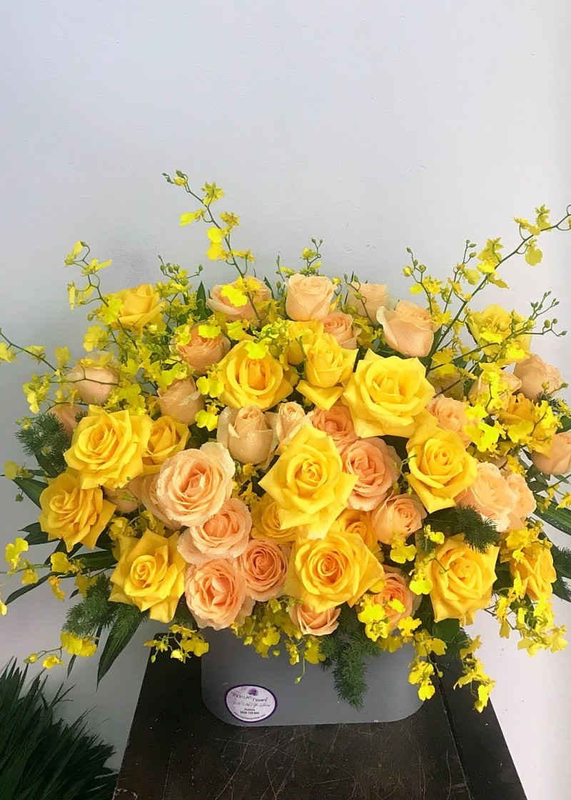 Hộp hoa hồng vàng và hoa hồng kem