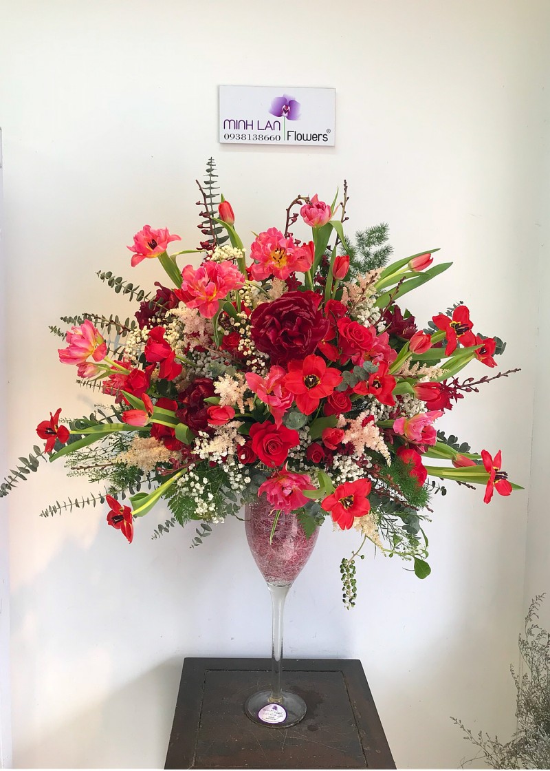 Hoa mẫu đơn đỏ và tulip đỏ