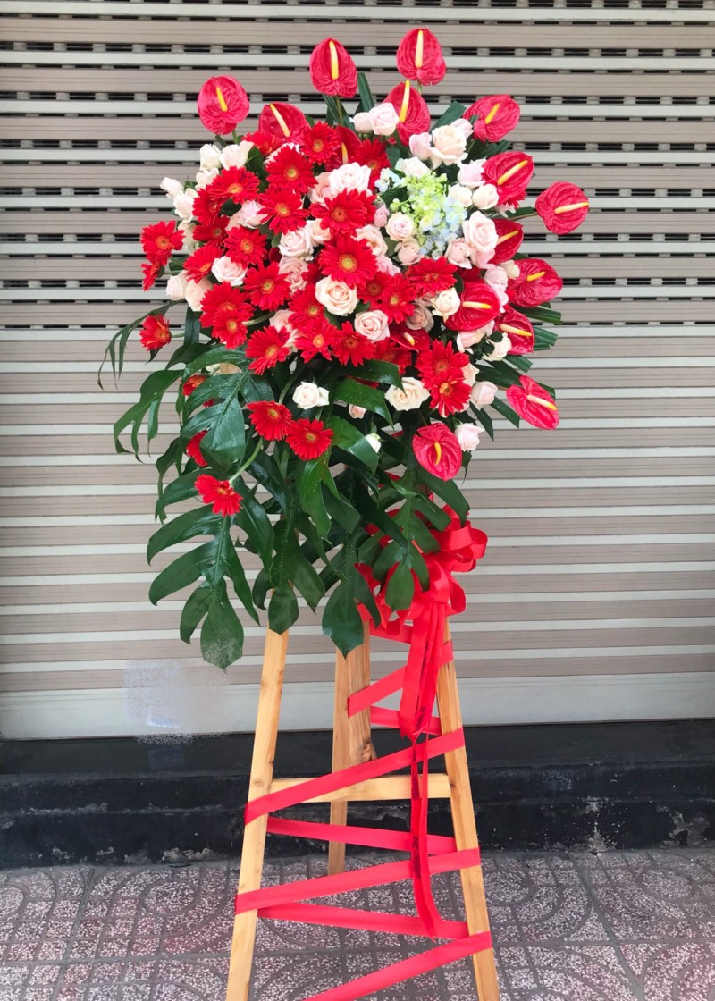 Kệ hoa đồng tiền đỏ và hoa hồng kem